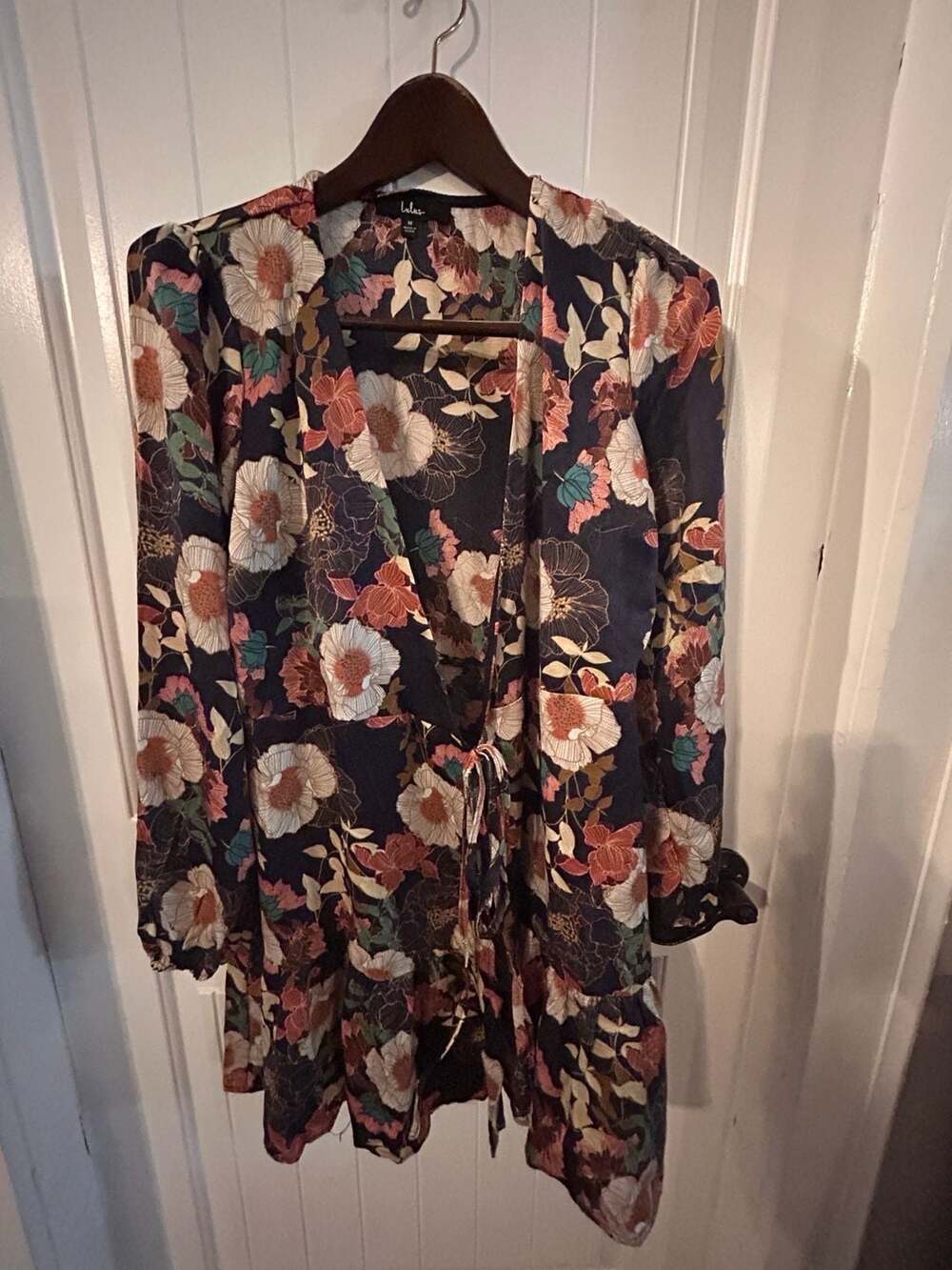 Lulus So Splendid Navy Blue Floral Satin Long Sleeve Wrap Dress